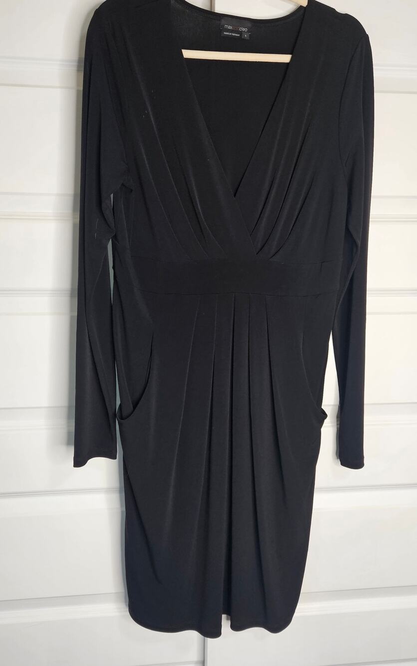 Max and CLeo Black Long Sleeve Faux Wrap Pleated Draped Dress Size Large
